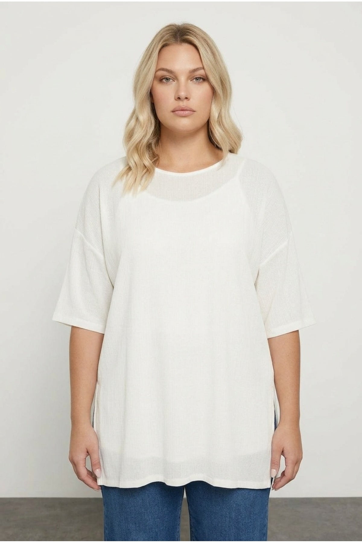 Plus Size Crew Neck Short Sleeve Side Slit Lined Blouse
