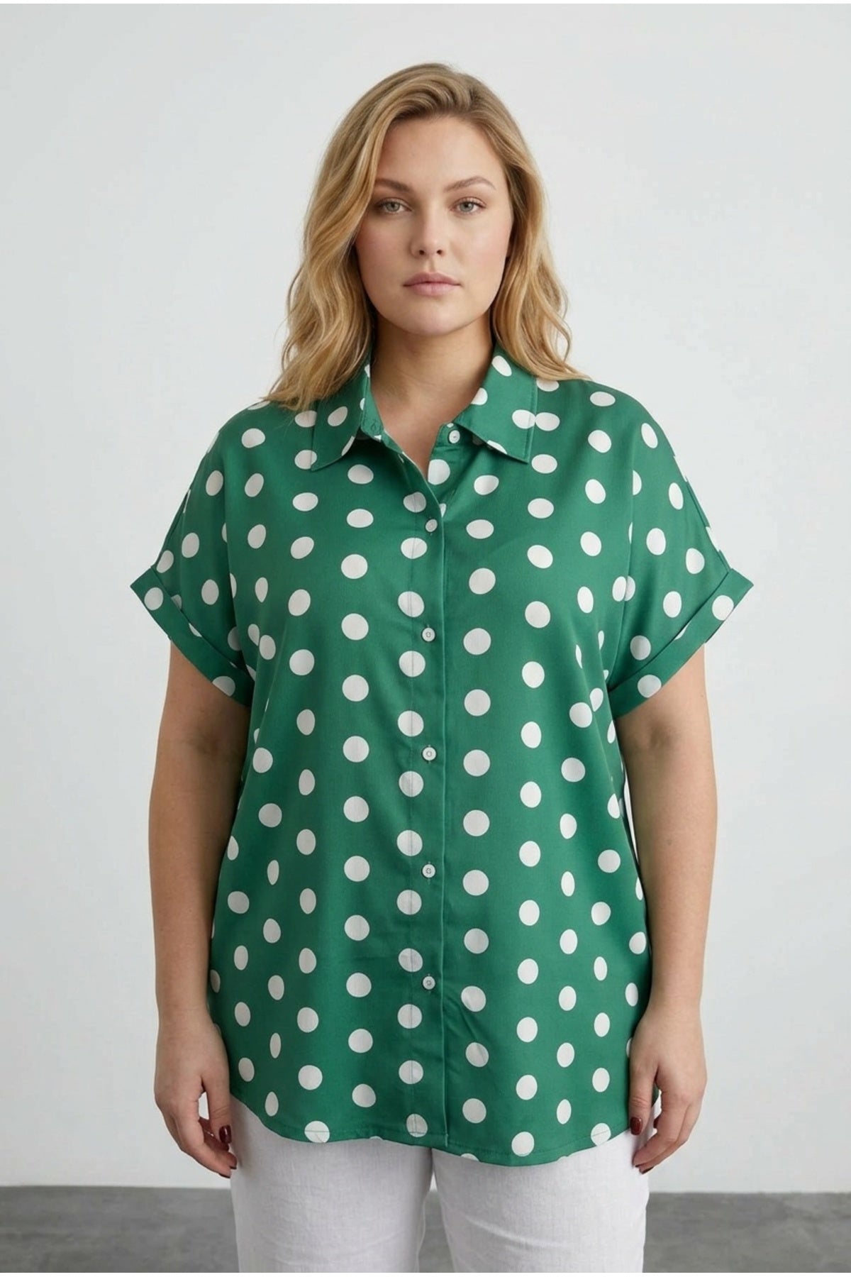 Plus Size Button-Front Short Sleeve Polka Dot Patterned Shirt