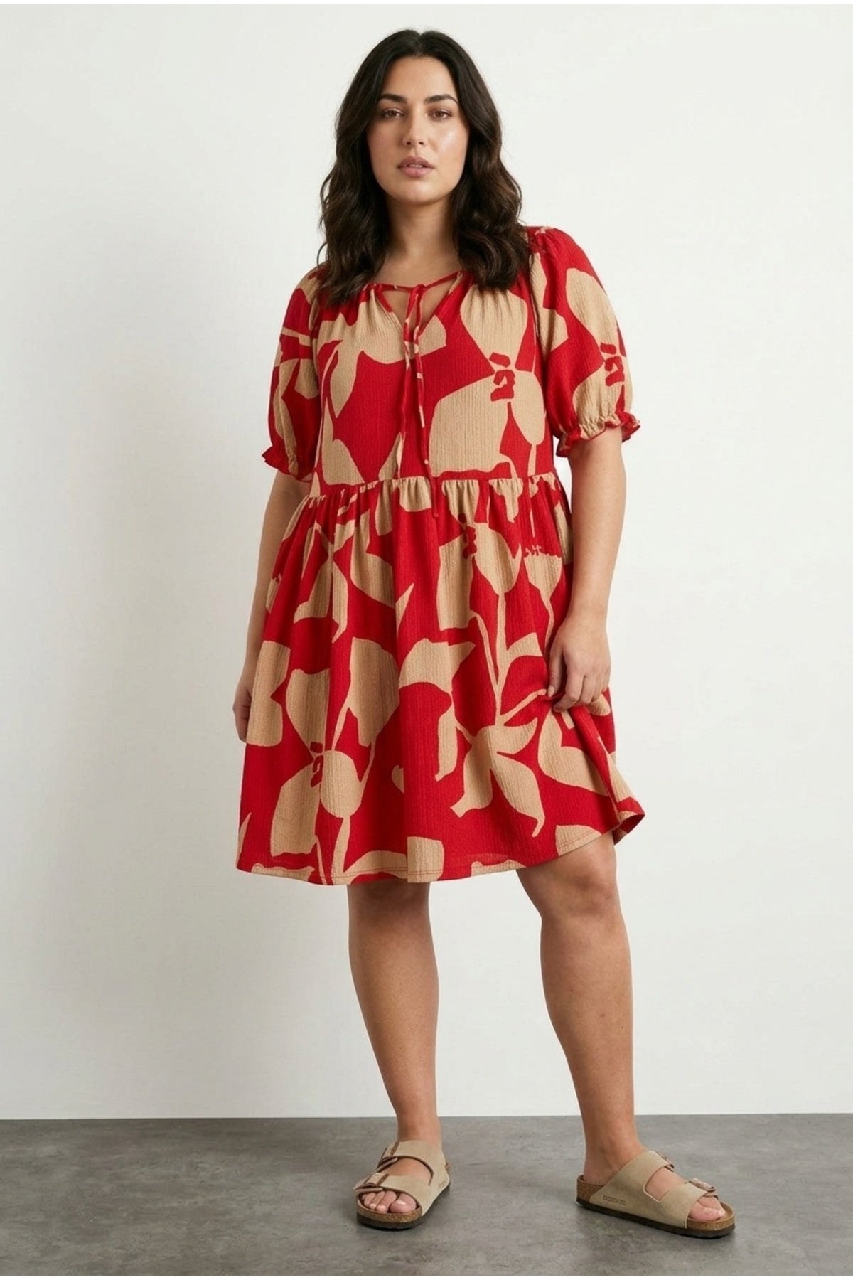 Plus Size V-Neck Crinkle Fabric Tie-Front Mini Dress