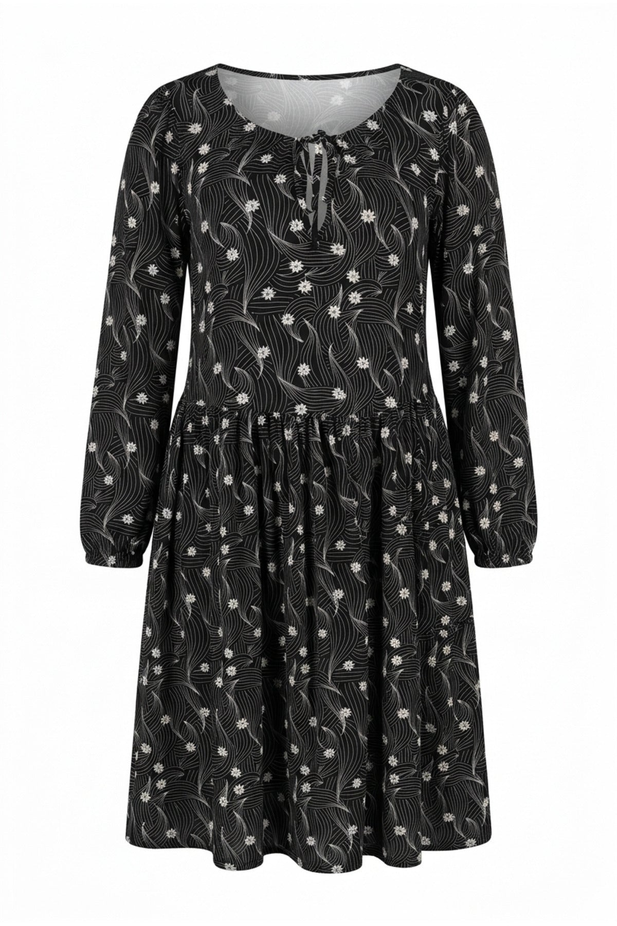 Plus Size Long Sleeve Patterned Dress with Tie-Neck Detail
