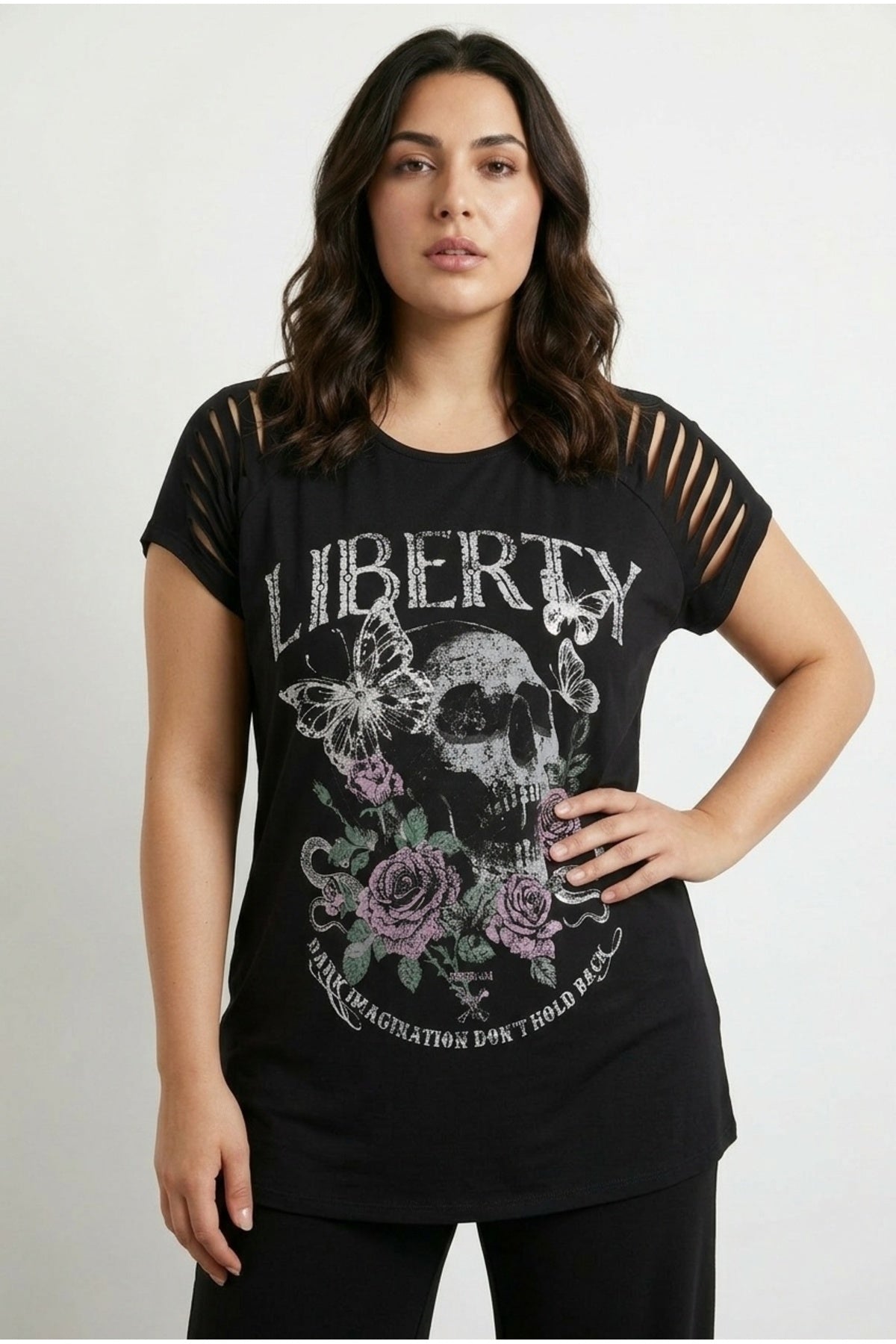 Plus Size Crew Neck T-shirt with Sleeve Detail and Skull Print