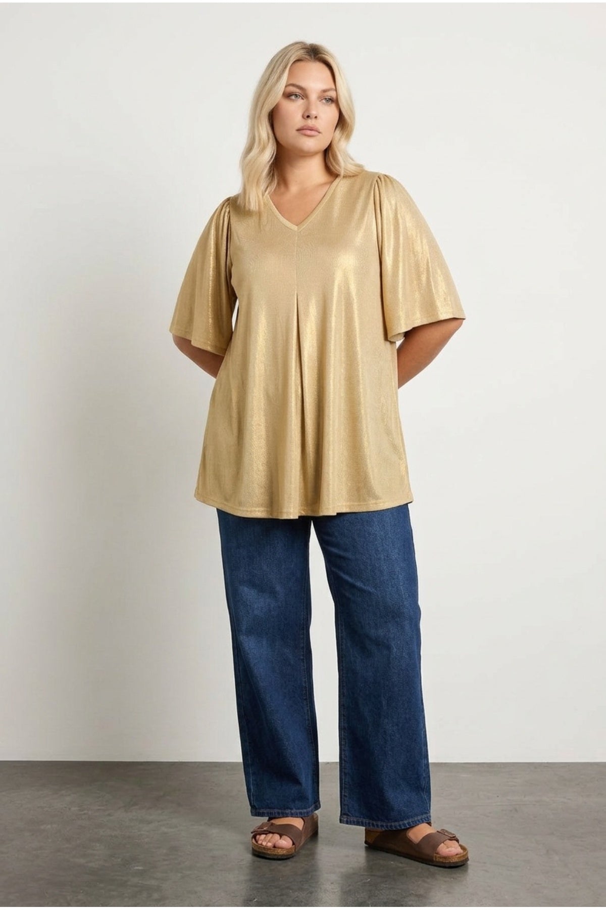Plus Size V-Neck Short Sleeve Shimmering Look Blouse
