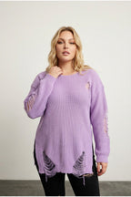Plus Size Long Sleeve Crew Neck Ripped Detail Knit Sweater
