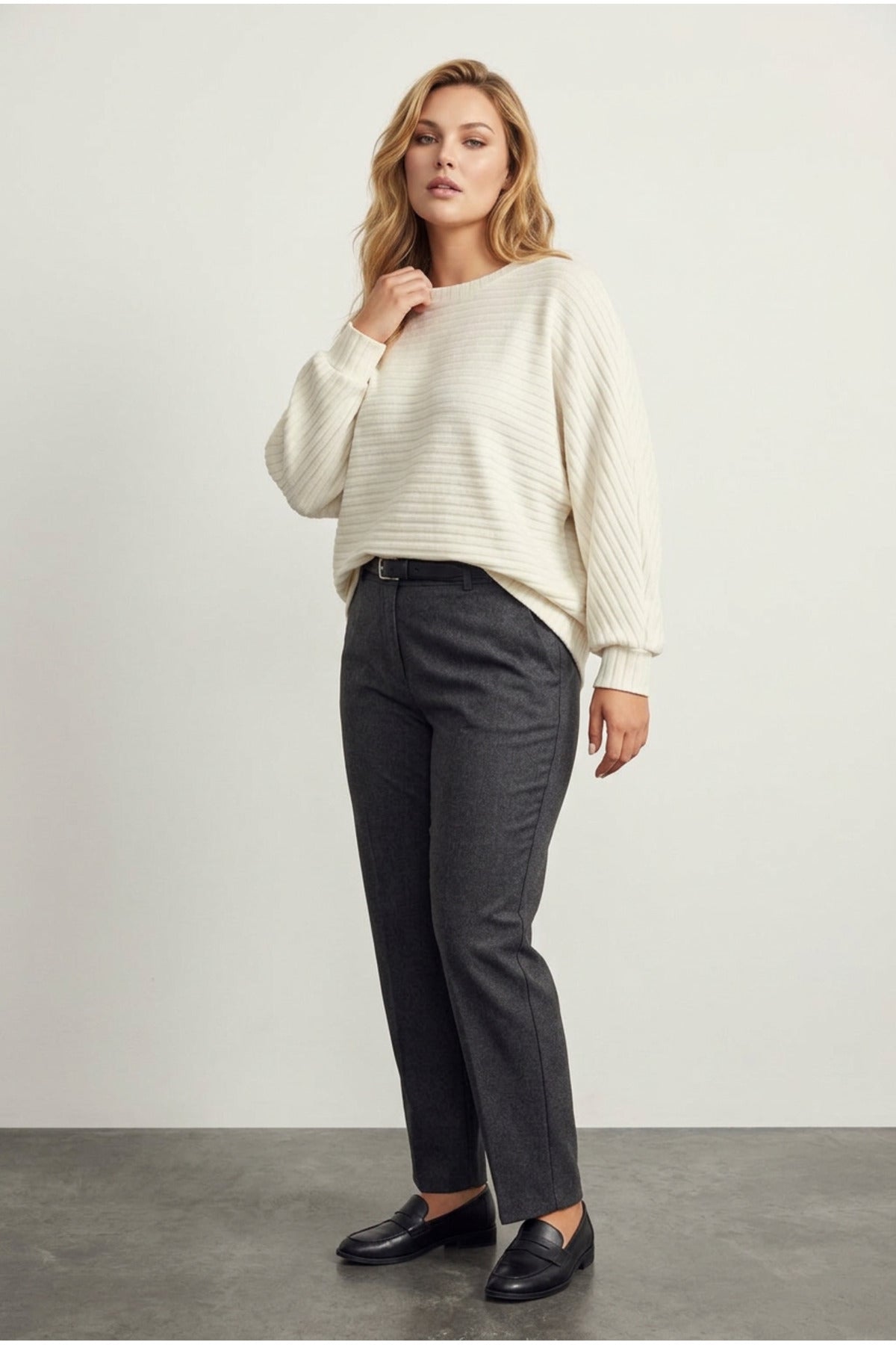 Plus Size Long Sleeve Elastic Waist Crew Neck Ribbed Sweater