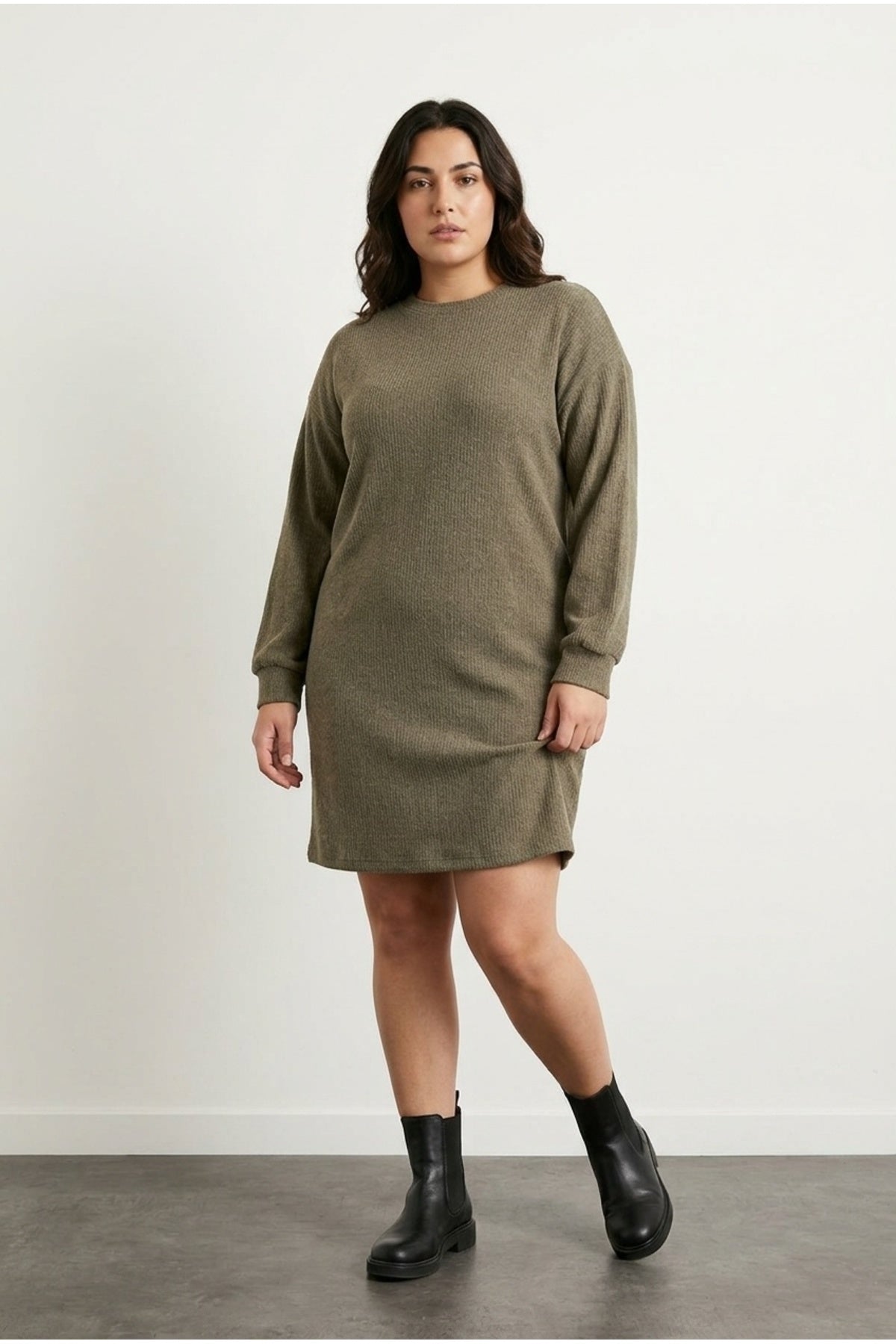 Plus Size Long Sleeve Crew Neck Straight Cut Dress