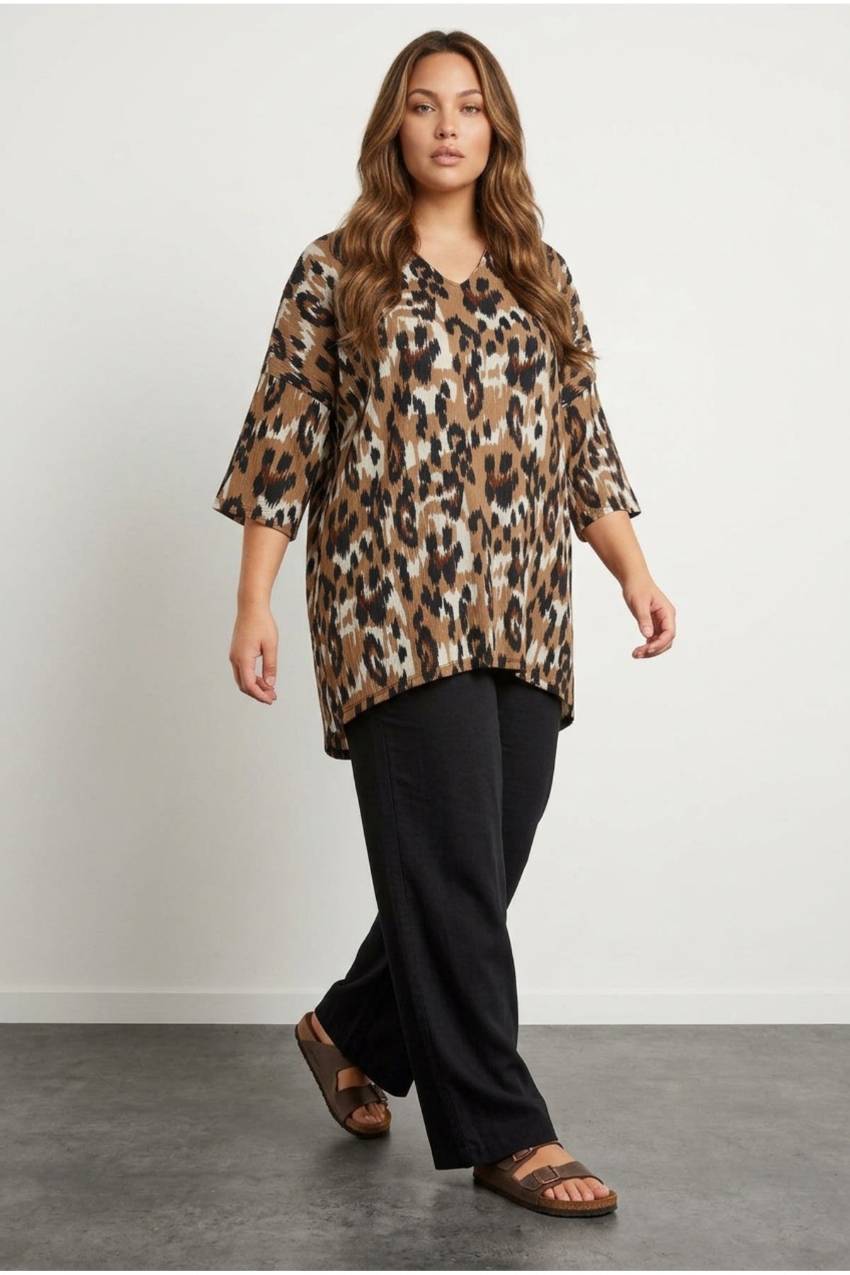Plus Size Shirt Collar Half Sleeve Asymmetrical Hem Cut Long Blouse