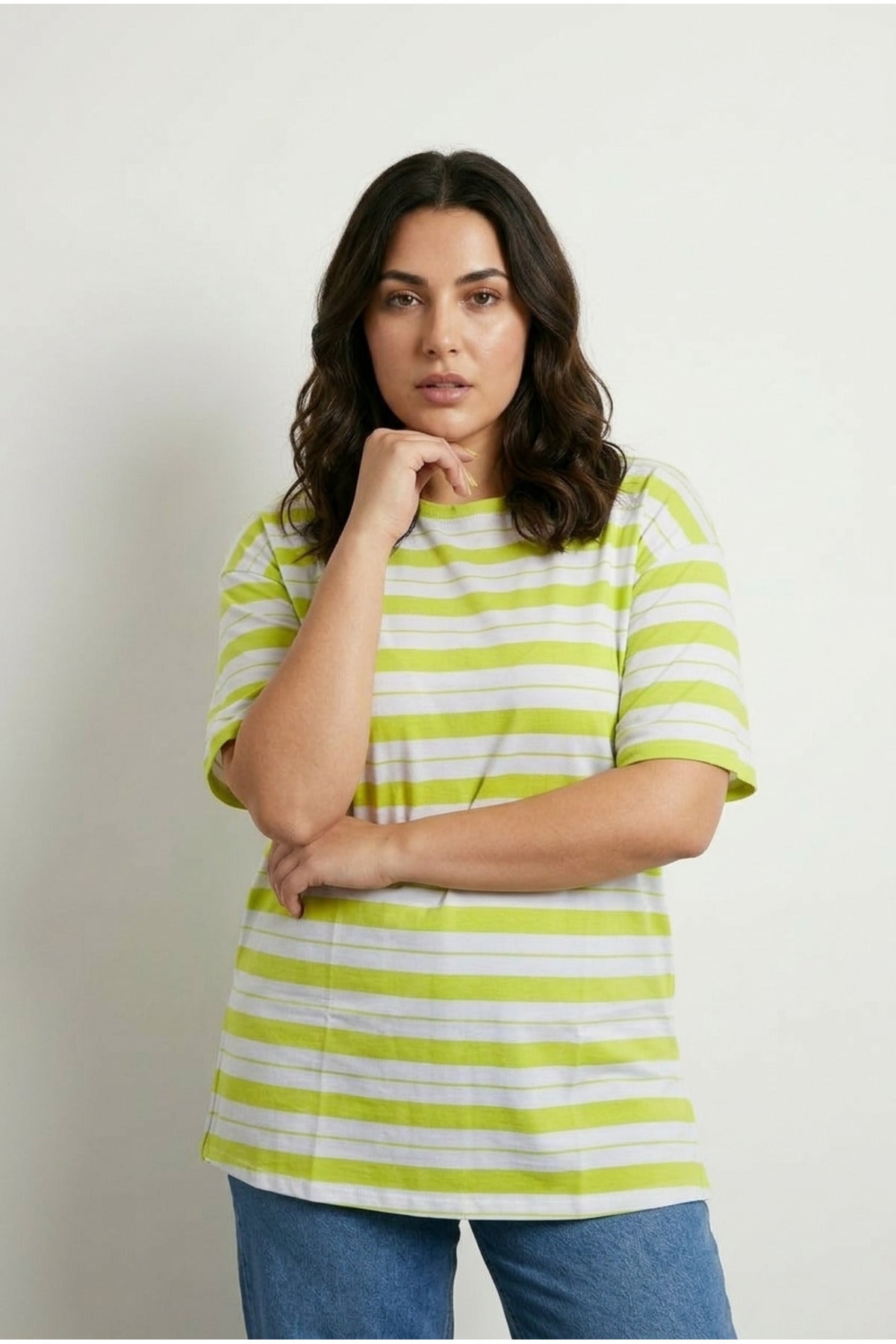 Plus Size Crew Neck Short Sleeve Striped Long Stretchy Fabric Tunic T-shirt