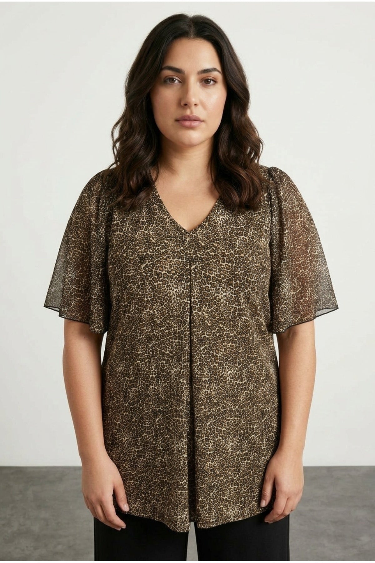 Plus Size V-Neck Blouse with Tulle Detail Sleeves and Leopard Print