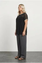 Plus Size Crew Neck Short Sleeve Blouse with Tulle Detail on Neckline