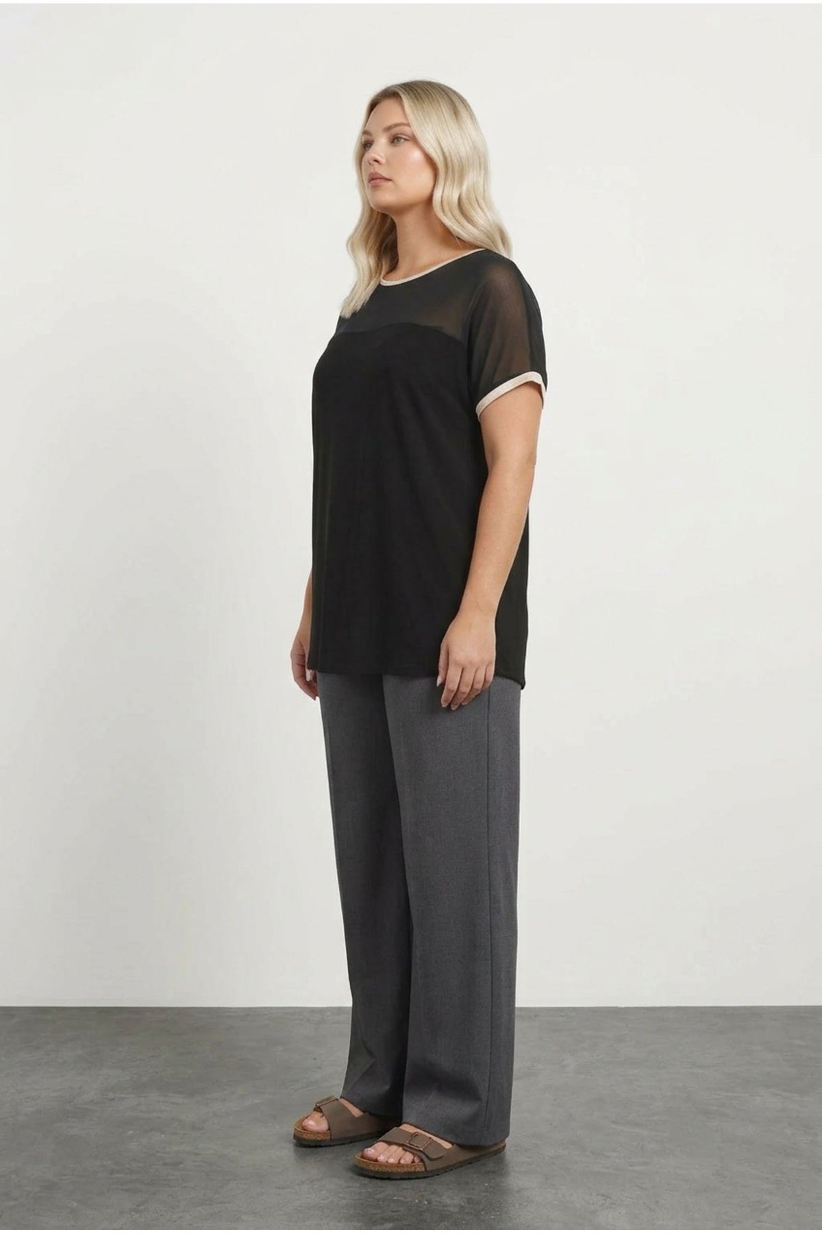 Plus Size Crew Neck Short Sleeve Blouse with Tulle Detail on Neckline