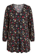 Plus Size Long Sleeve V-Neck Pleated Front Floral Print Blouse