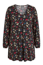 Plus Size Long Sleeve V-Neck Pleated Front Floral Print Blouse