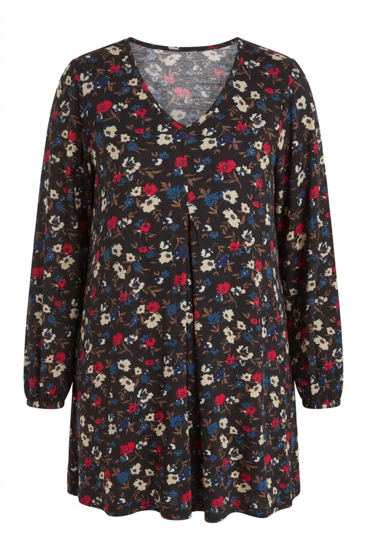 Plus Size Long Sleeve V-Neck Pleated Front Floral Print Blouse