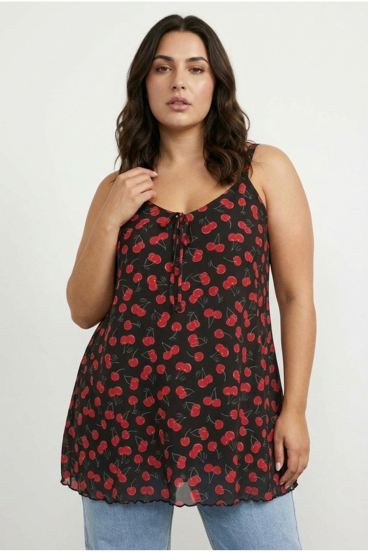 Plus Size V-Neck Strappy Tie-Detail Patterned T-shirt