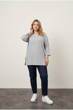 Plus Size Crew Neck Half Sleeve Slit Ribbed Thin Blouse
