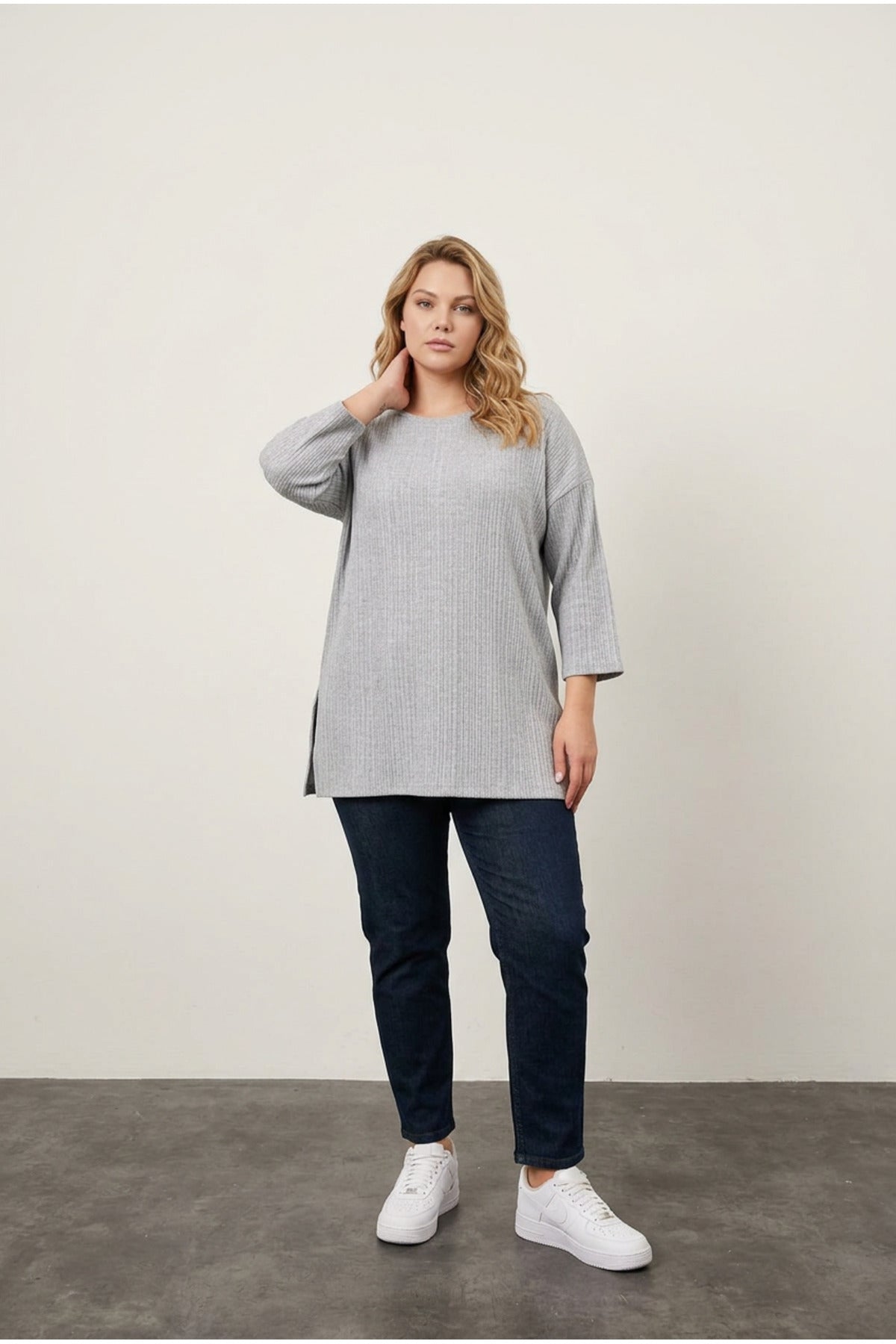 Plus Size Crew Neck Half Sleeve Slit Ribbed Thin Blouse