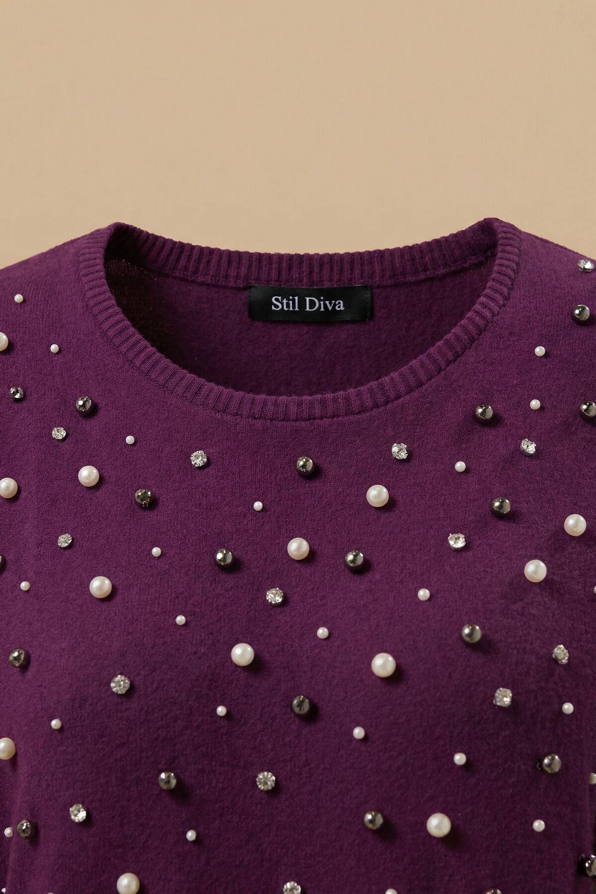 Plus Size Pearl and Stone Embroidered Soft Textured Purple Dress