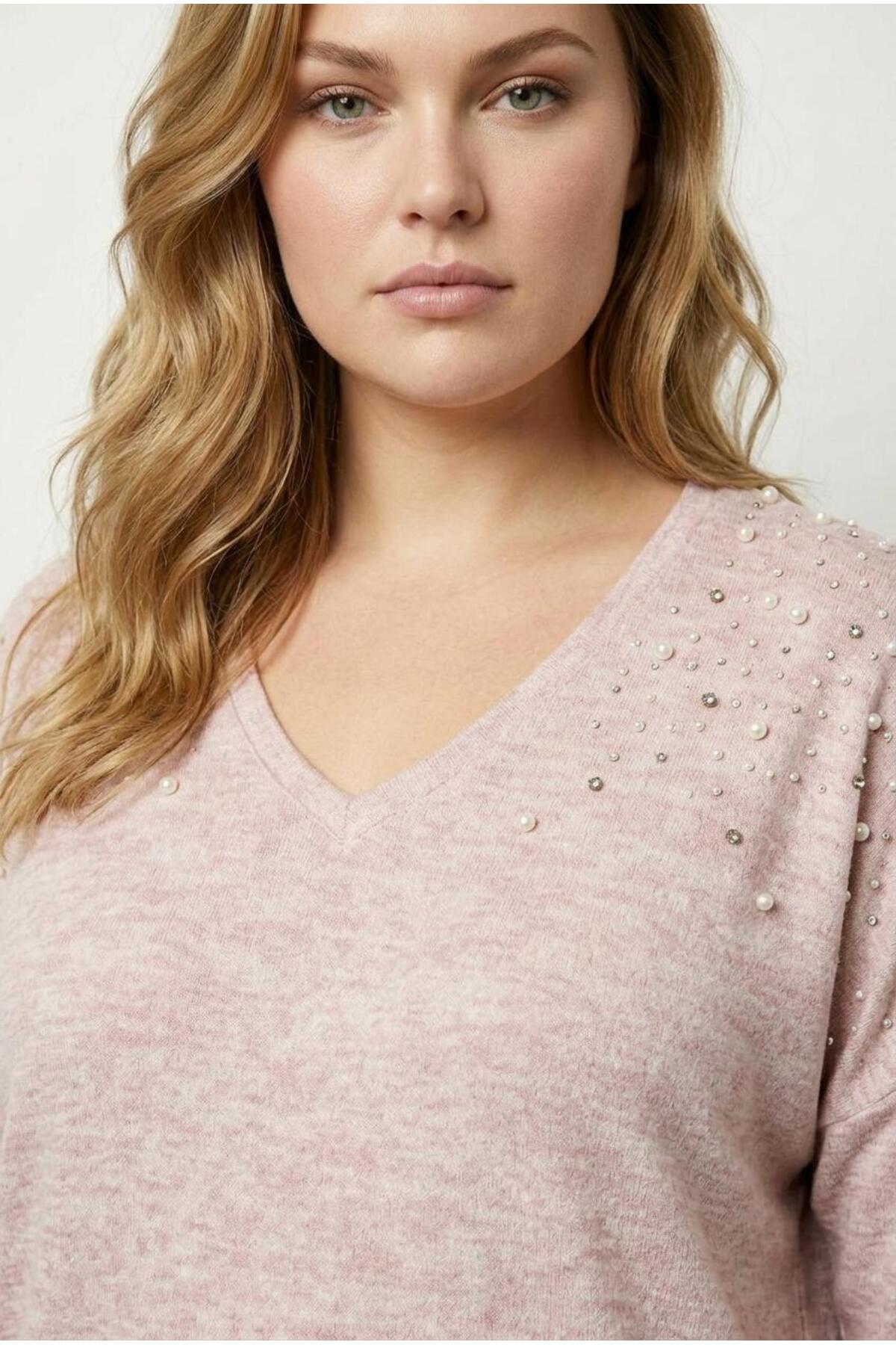 Plus Size V-Neck Long Sleeve Beaded Plush Sweatshirt