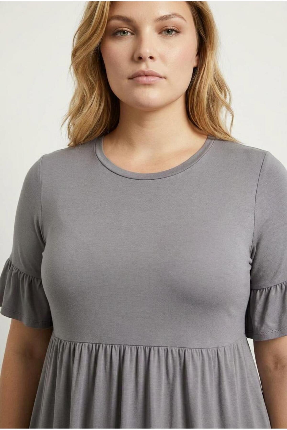 Plus Size Sleeve Detailed, Elasticated Waist, Pleated Tunic T-shirt