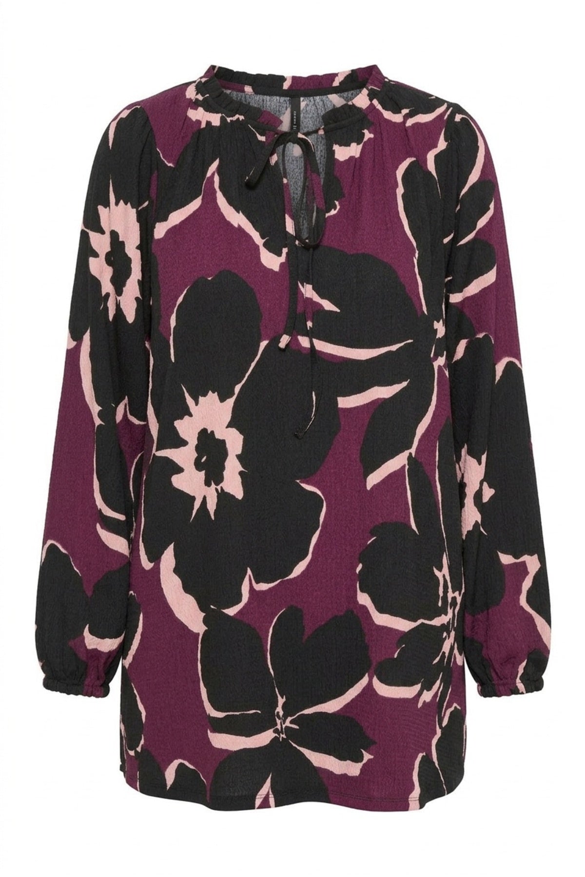 Plus Size Floral Print Long Sleeve Tie-Neck Blouse