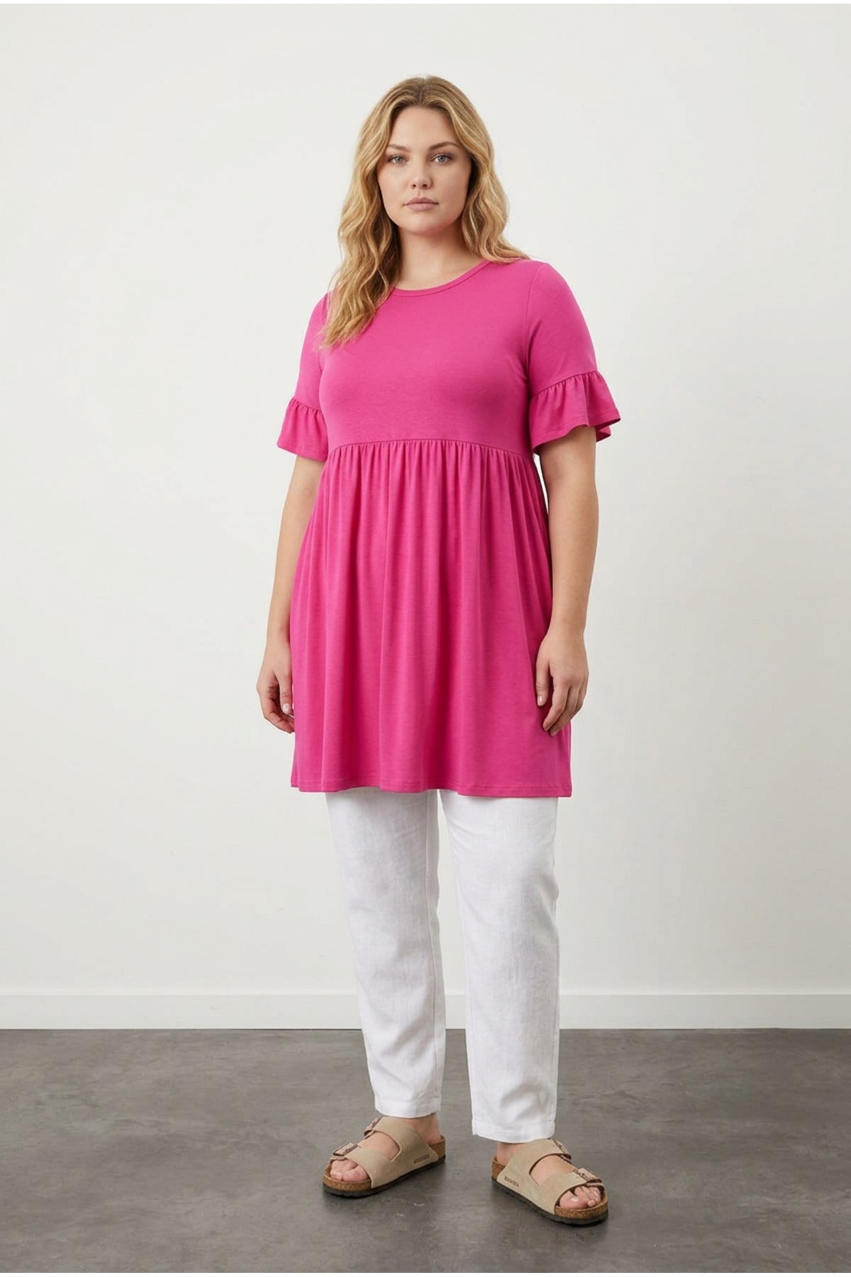 Plus Size Sleeve Detailed Elastic Waist Pleated Tunic T-shirt