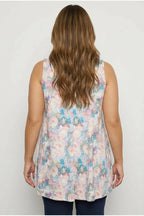 Plus Size Sleeveless V-Neck Floral Patterned Flared Hem Blouse