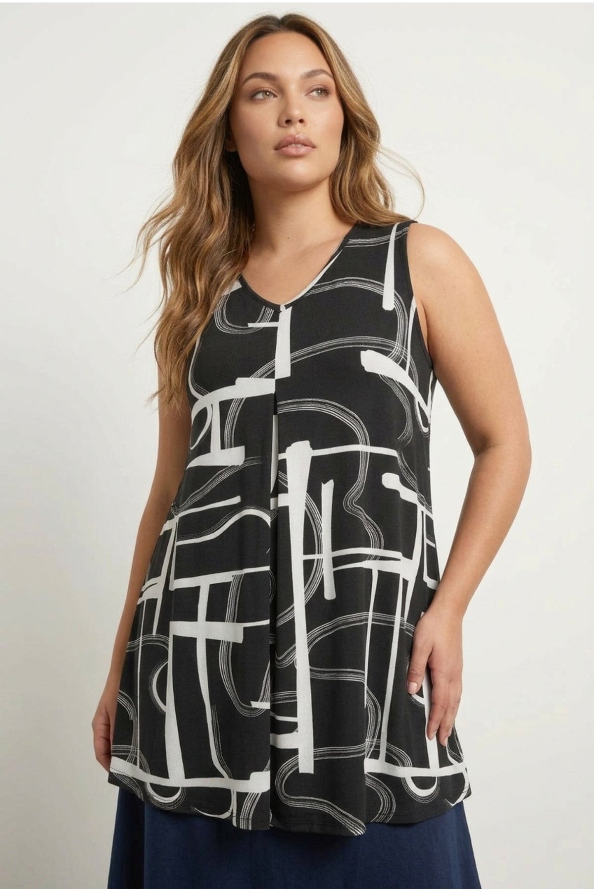 Plus Size V-Neck Sleeveless Draped Patterned Stretchy Blouse