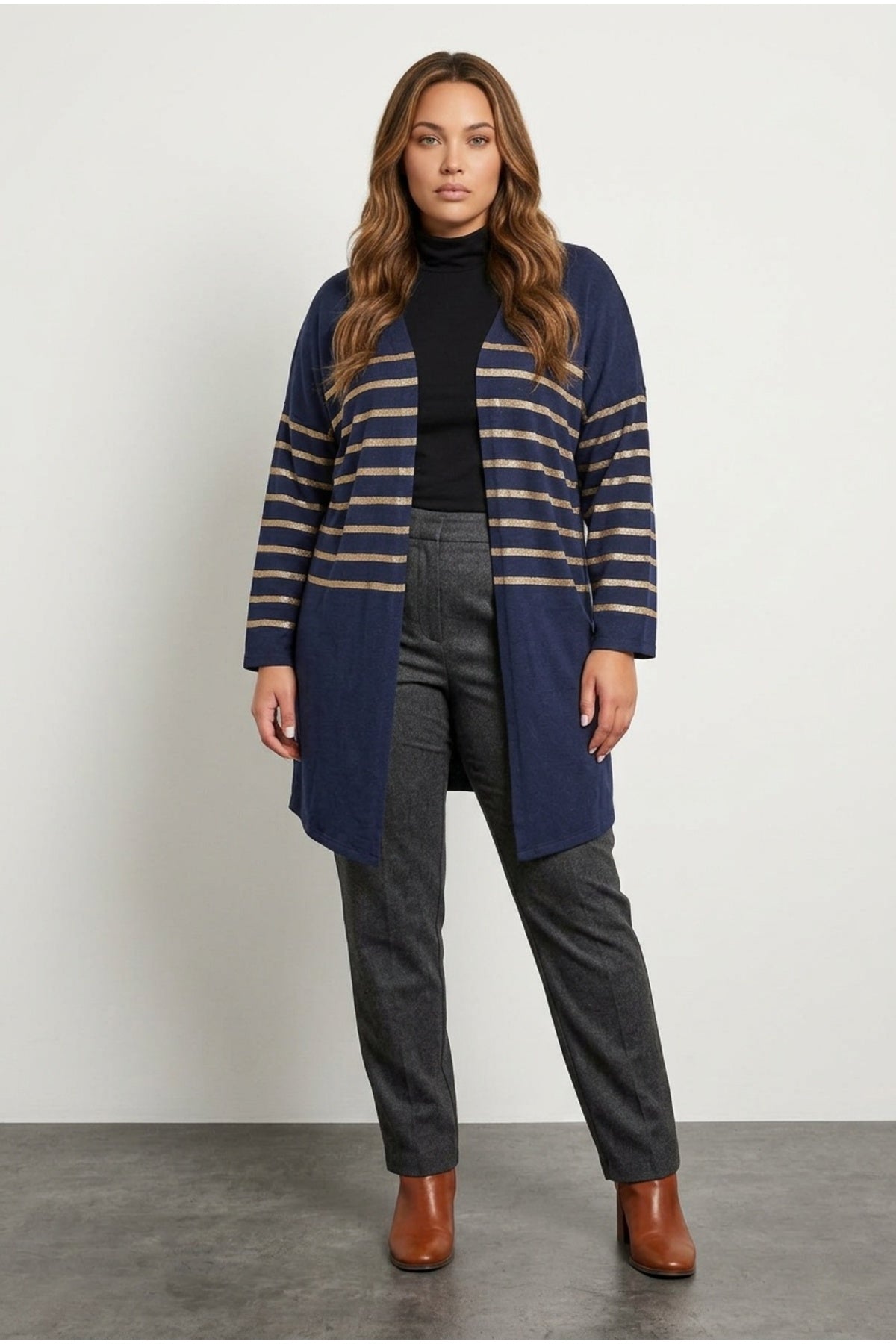 Plus Size Buttonless Long Sleeve Metallic Striped Cardigan