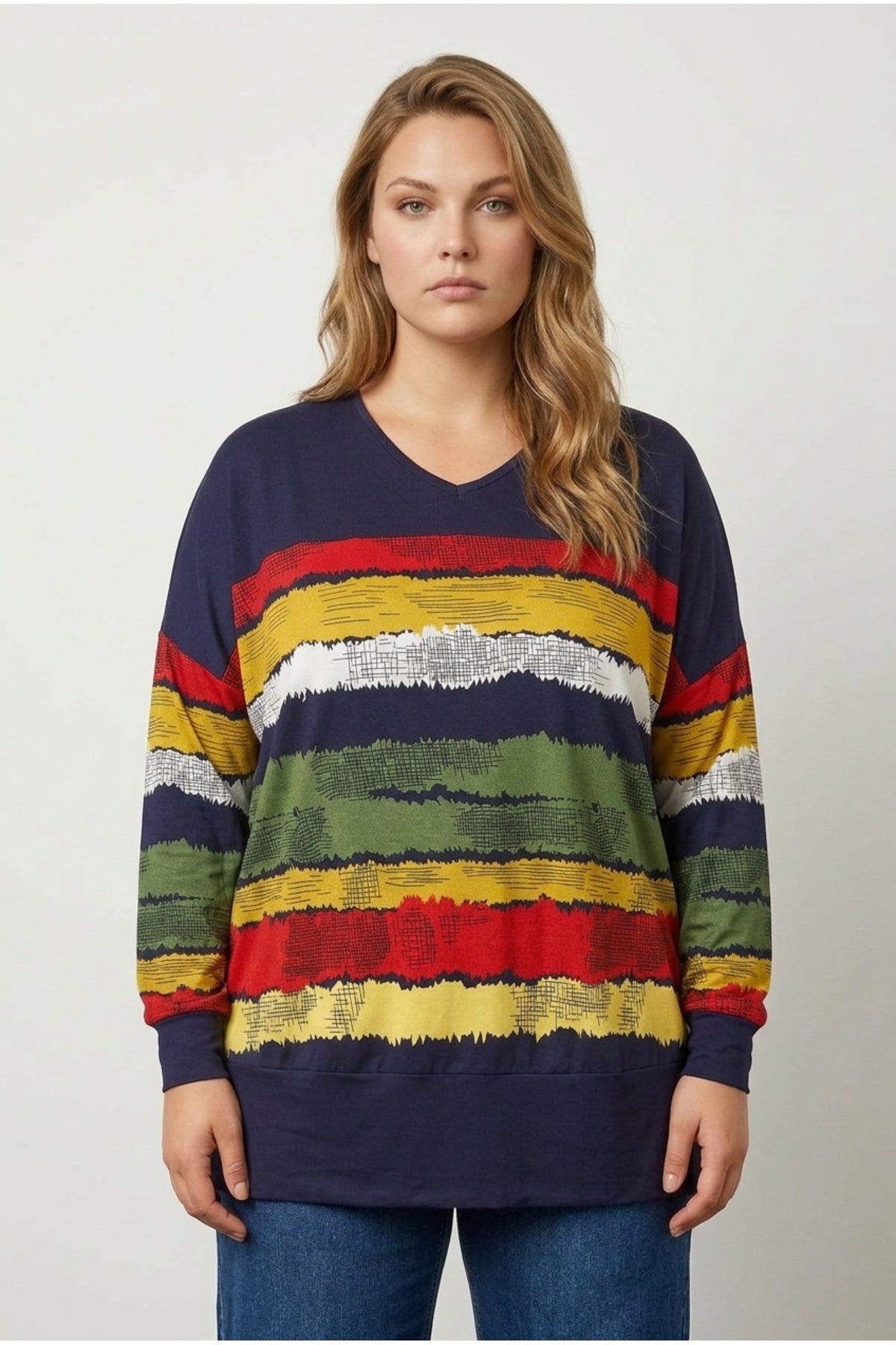 Plus Size V-Neck Striped Side Slit Long Sleeve Blouse