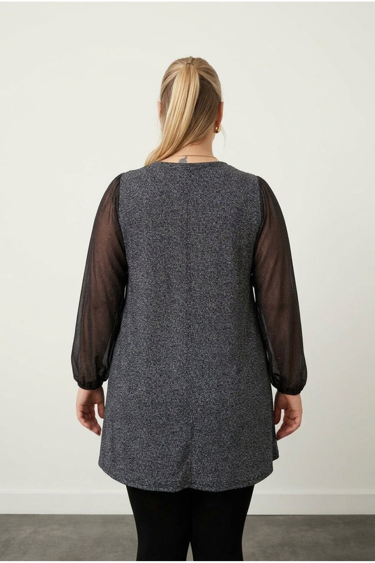Plus Size Long Tulle Sleeve V-Neck Blouse with Elasticated Cuffs and Glitter Detail