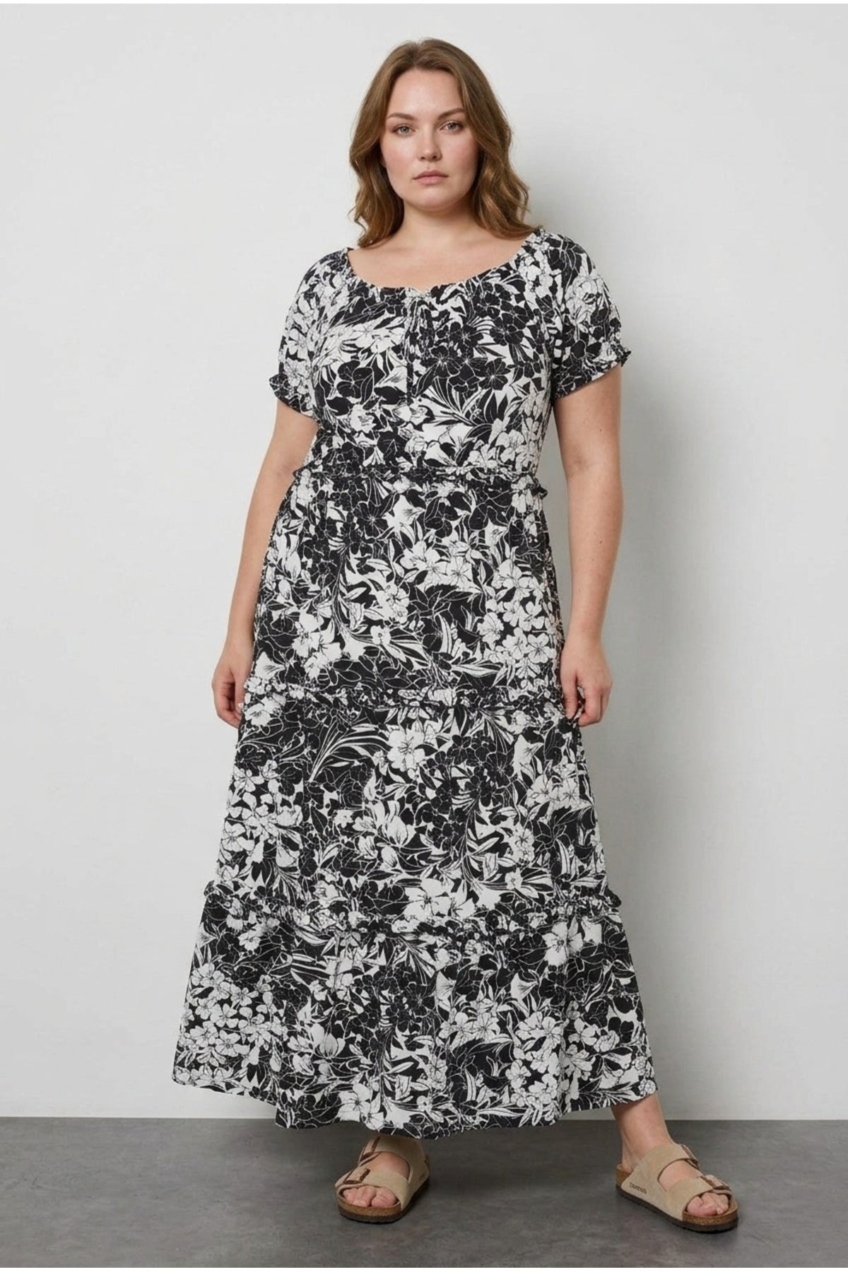 Plus Size Shirred Neck Elasticated Waist Long Dress