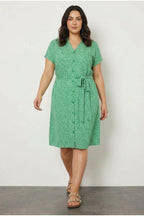 Plus Size Floral Print Midi Length Belted Buttoned Dress
