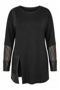 Plus Size Faux Leather Detailed Mesh Sleeve Slit Blouse