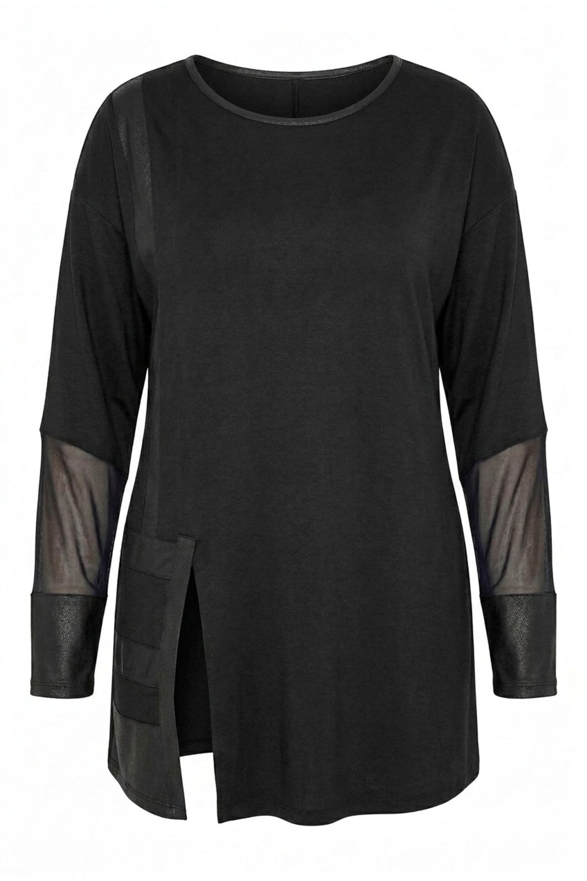 Plus Size Faux Leather Detailed Mesh Sleeve Slit Blouse