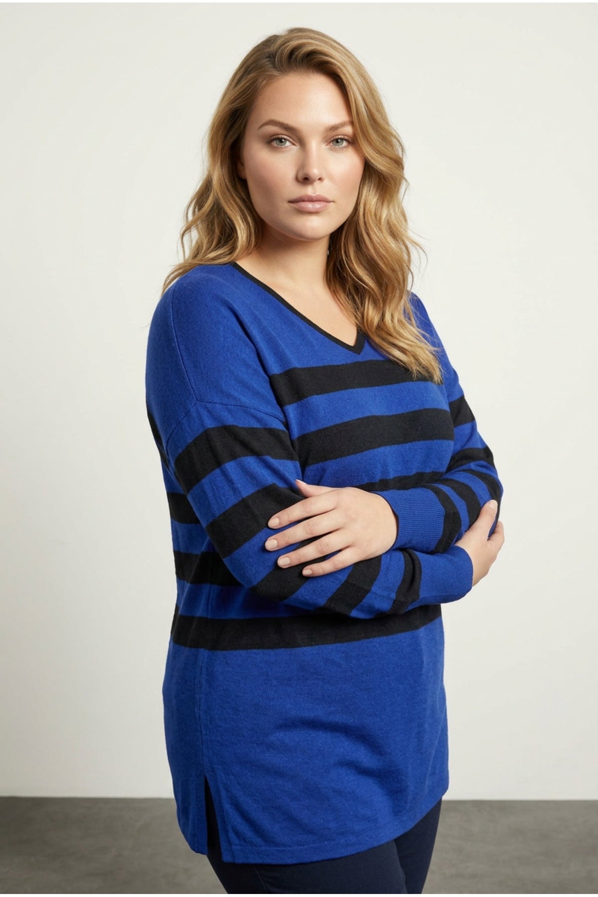Plus Size V-Neck Striped Slit Detail Thin Fabric Long Blouse