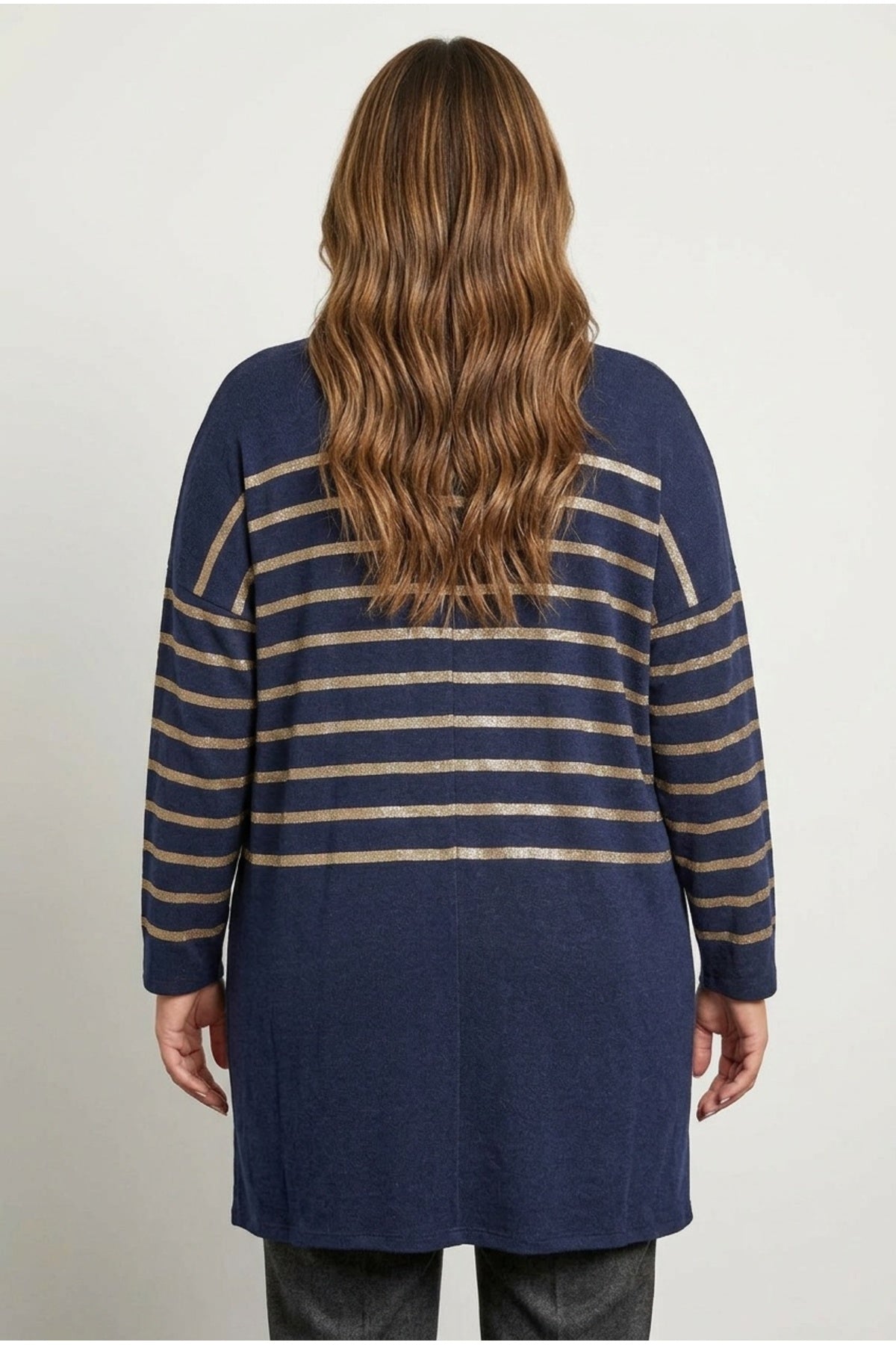 Plus Size Buttonless Long Sleeve Metallic Striped Cardigan