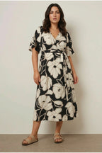 Plus Size V-Neck Short Sleeve Tie Front Wrap Midi Dress