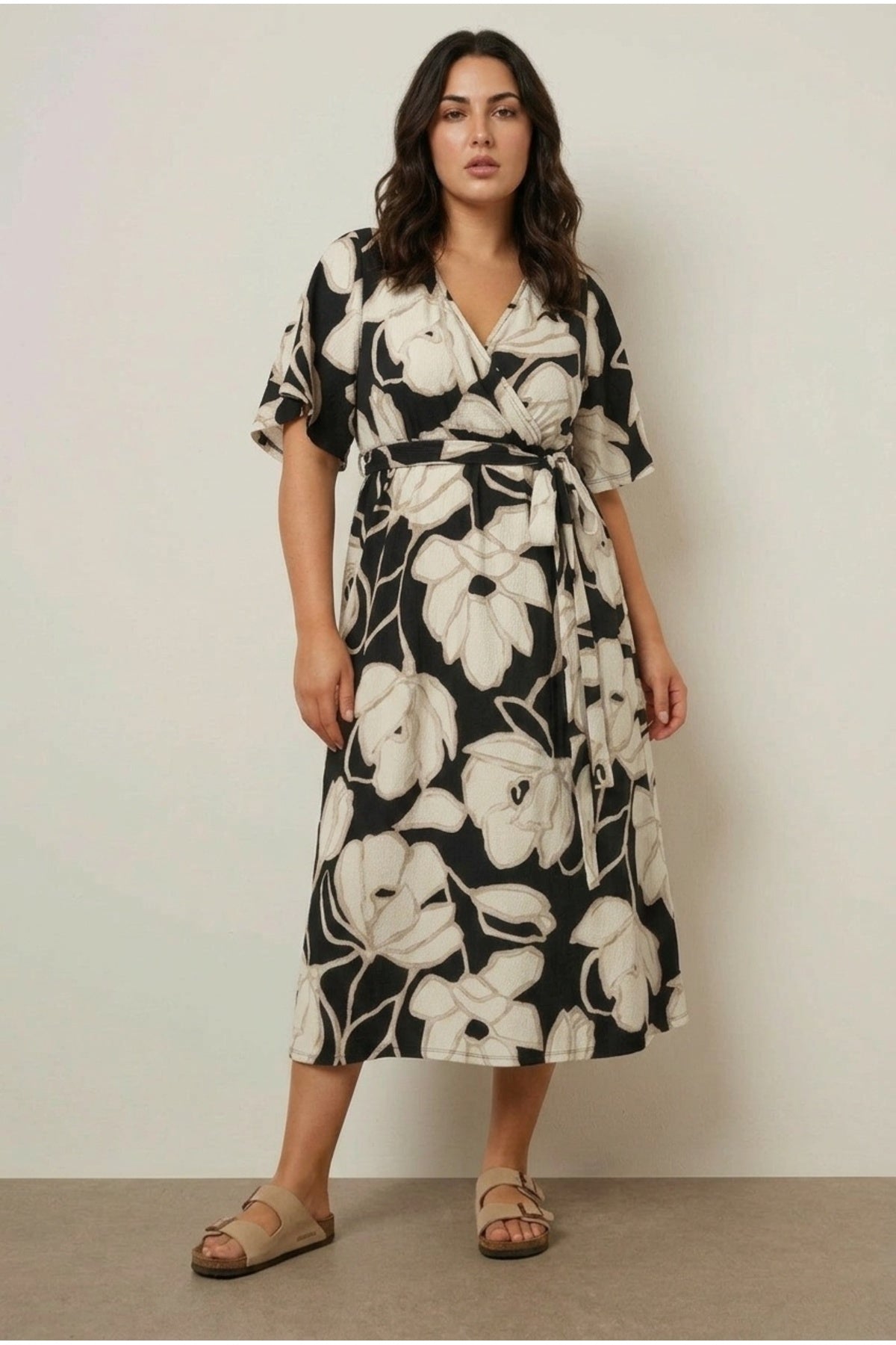 Plus Size V-Neck Short Sleeve Tie Front Wrap Midi Dress