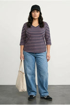 Plus Size V-Neck Dolman Sleeve Striped Lightweight Sweatshirt