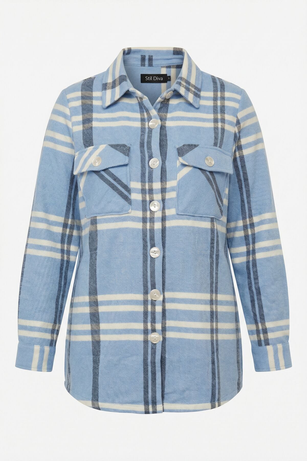 Plus Size Buttoned Pocketed Blue Flannel Shirt