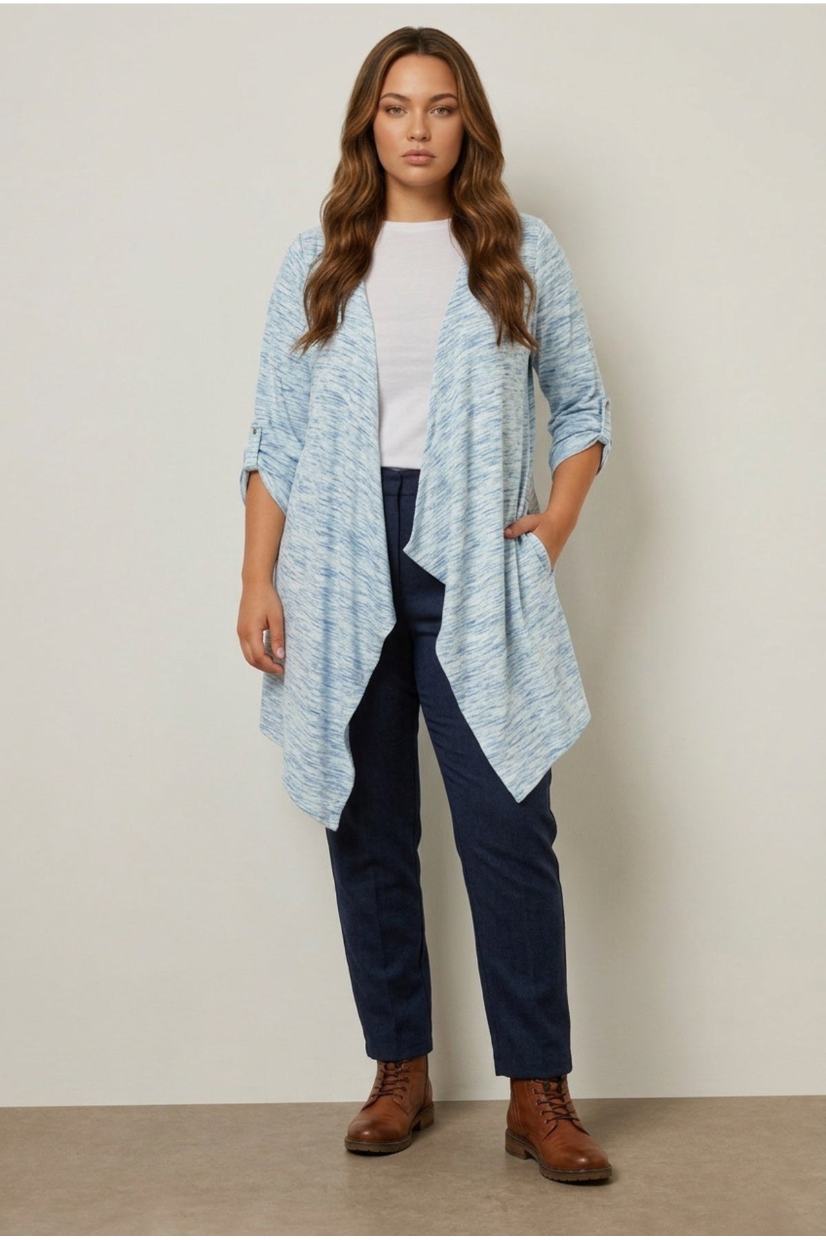 Plus Size Long Sleeve Open Front Asymmetrical Cut Lightweight Cardigan