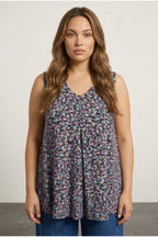 Plus Size Sleeveless V-Neck Floral Patterned Flared Hem Blouse