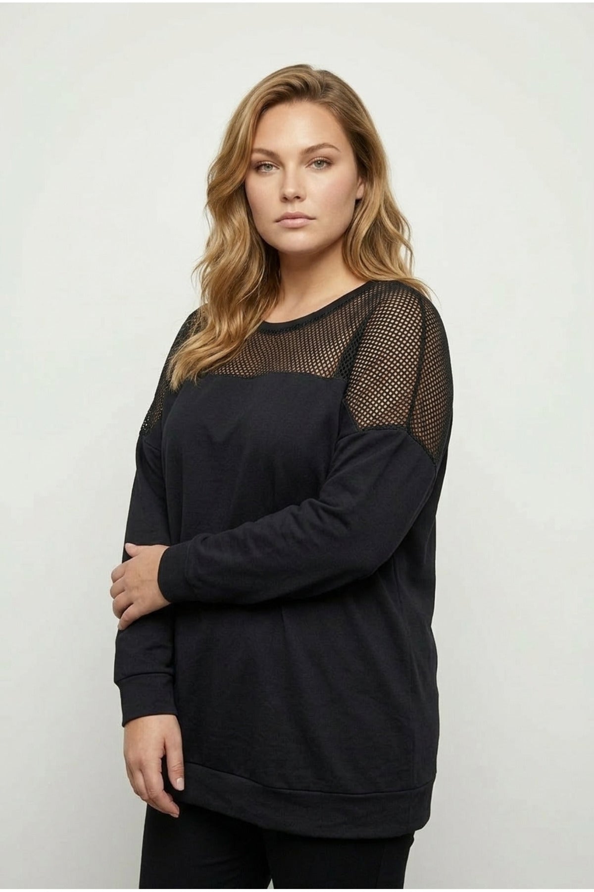 Plus Size Crew Neck Long Sleeve Mesh Detail Shoulder Sweatshirt