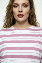 Plus Size Crew Neck Short Sleeve Side Slit Striped T-shirt
