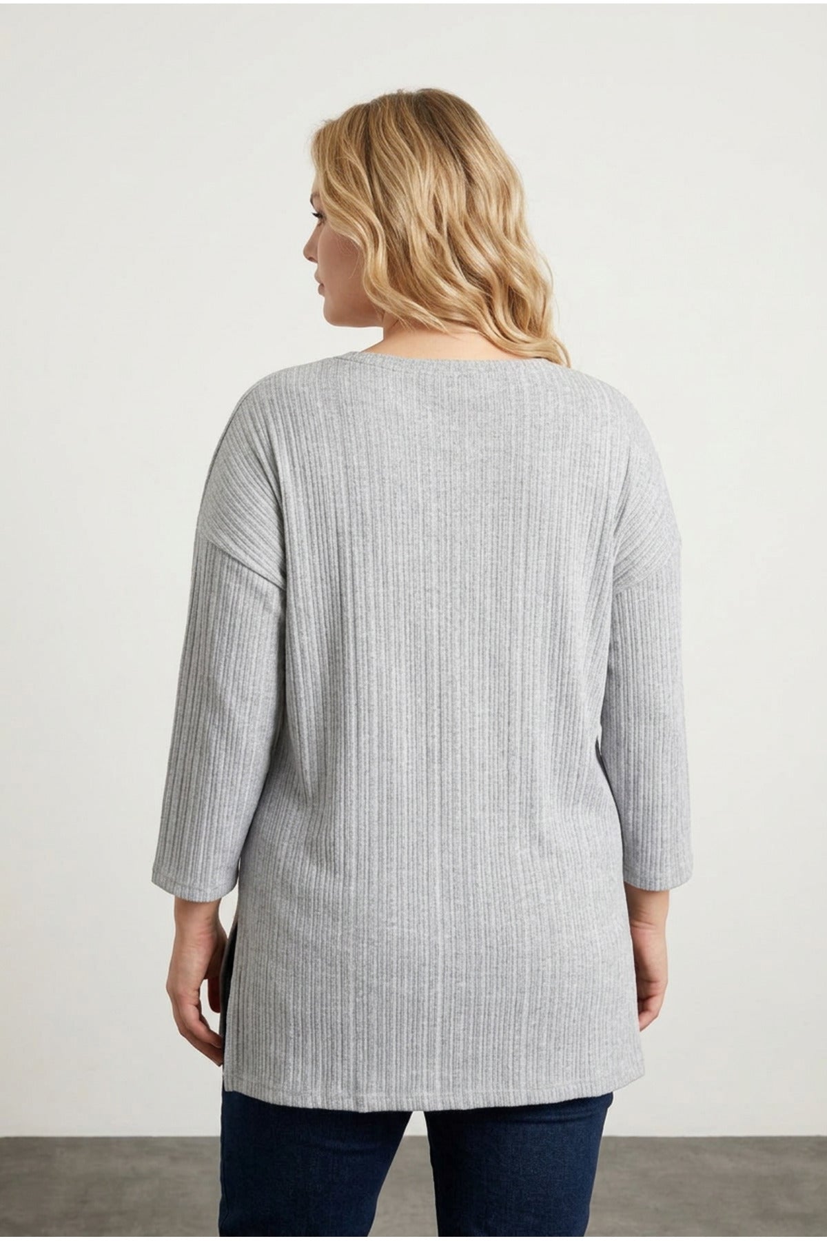 Plus Size Crew Neck Half Sleeve Slit Ribbed Thin Blouse