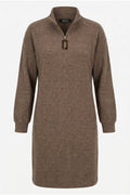 Plus Size Coffee Plush Dress with Zipper-Detailed Collar
