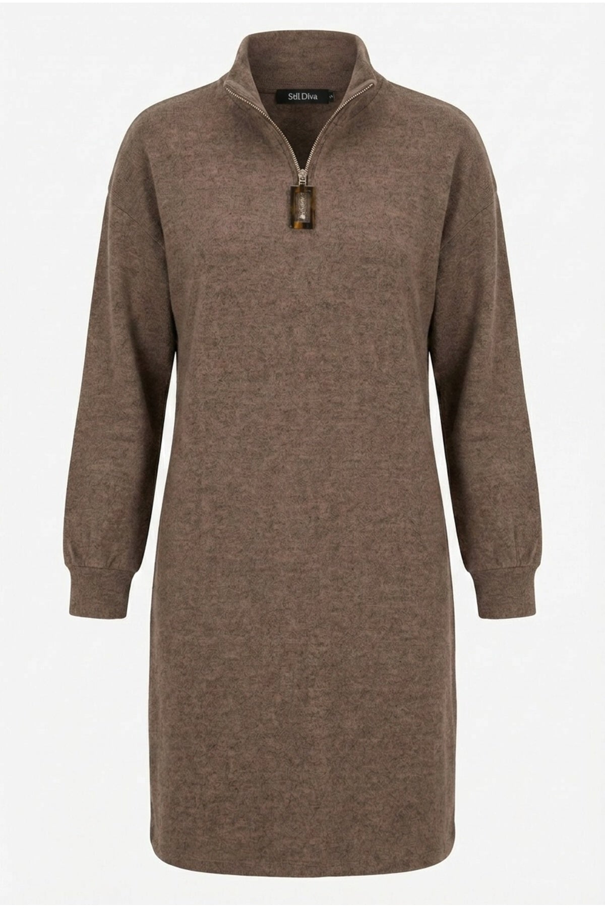 Plus Size Coffee Plush Dress with Zipper-Detailed Collar