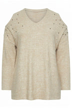 Plus Size V-Neck Beaded Embellished Sweater with Shoulder Detail