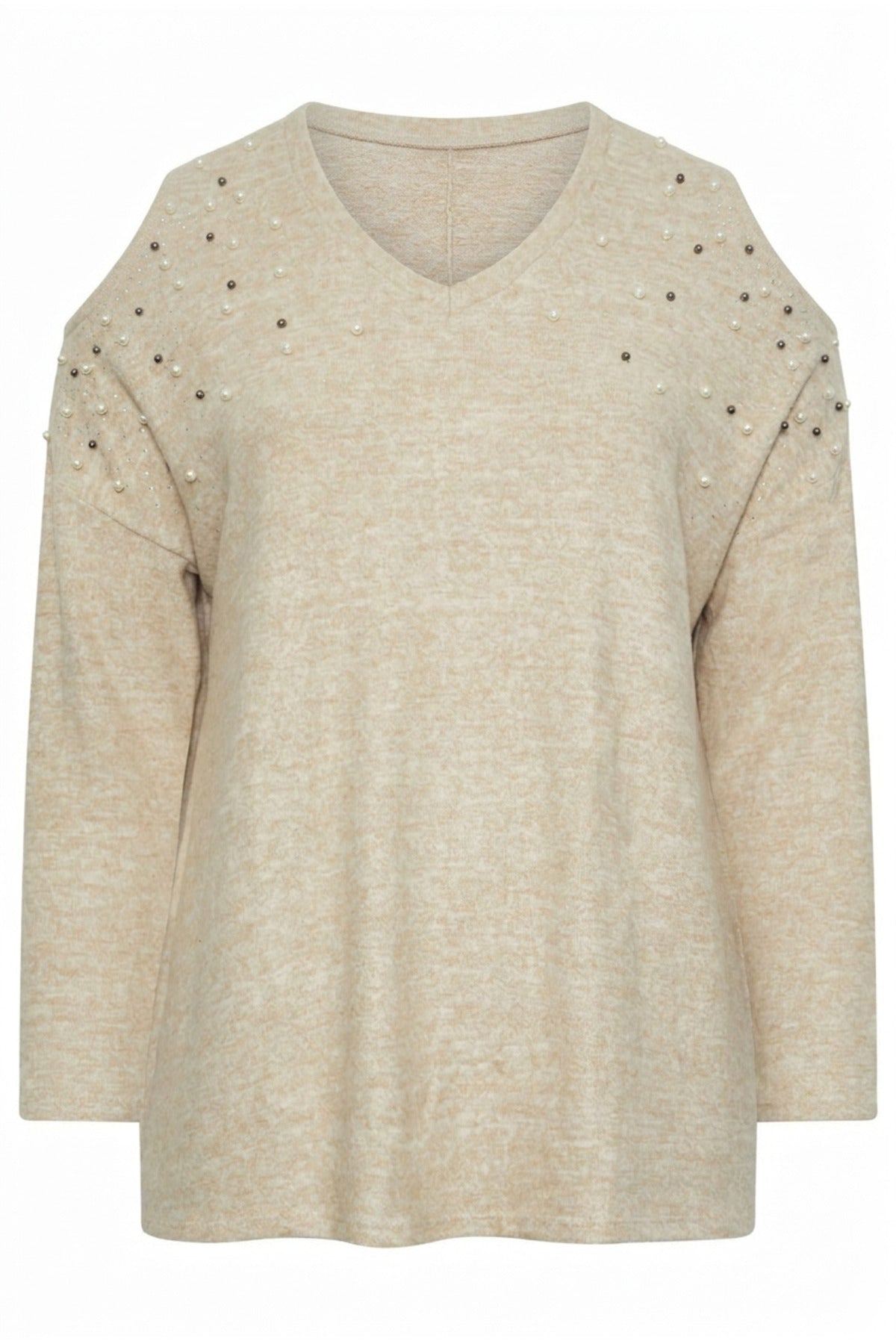 Plus Size V-Neck Beaded Embellished Sweater with Shoulder Detail