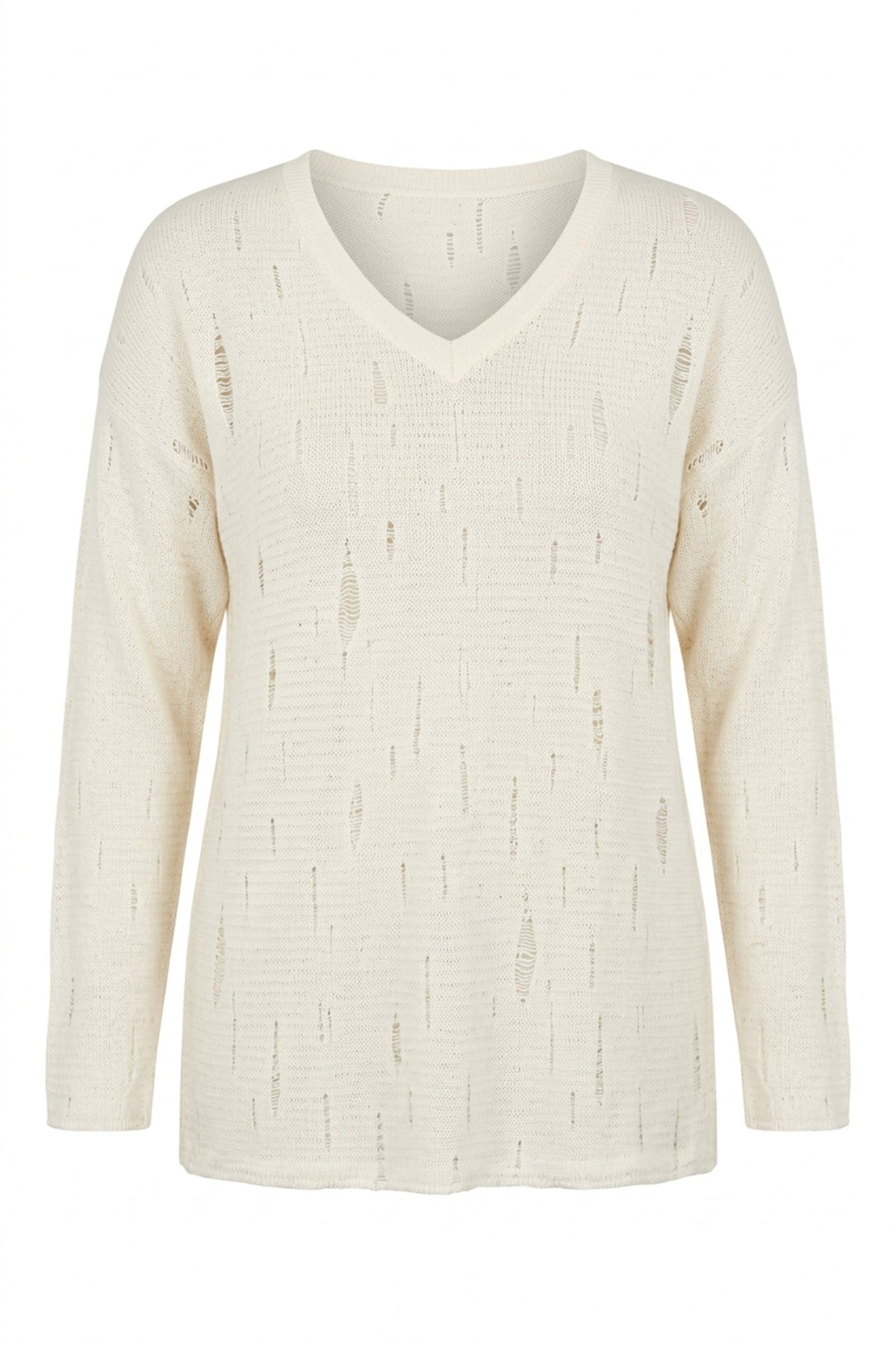 Plus Size Ecru Knit Sweater with Distressed Details